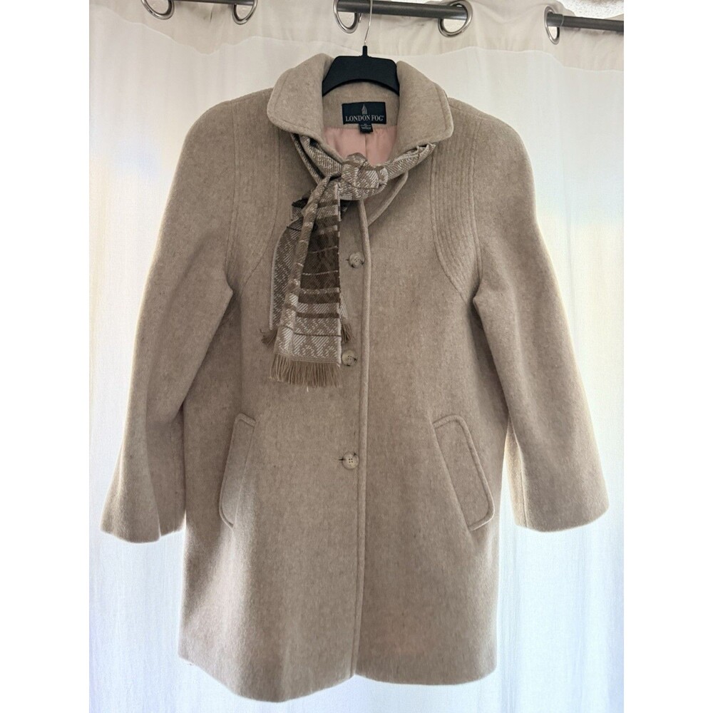 London Fog Beige Button Wool Blend Coat Women’s Size 16 w/ Scarf XL